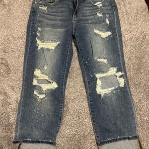Judy Blue Distressed Ankle Jeans - Dark Blue